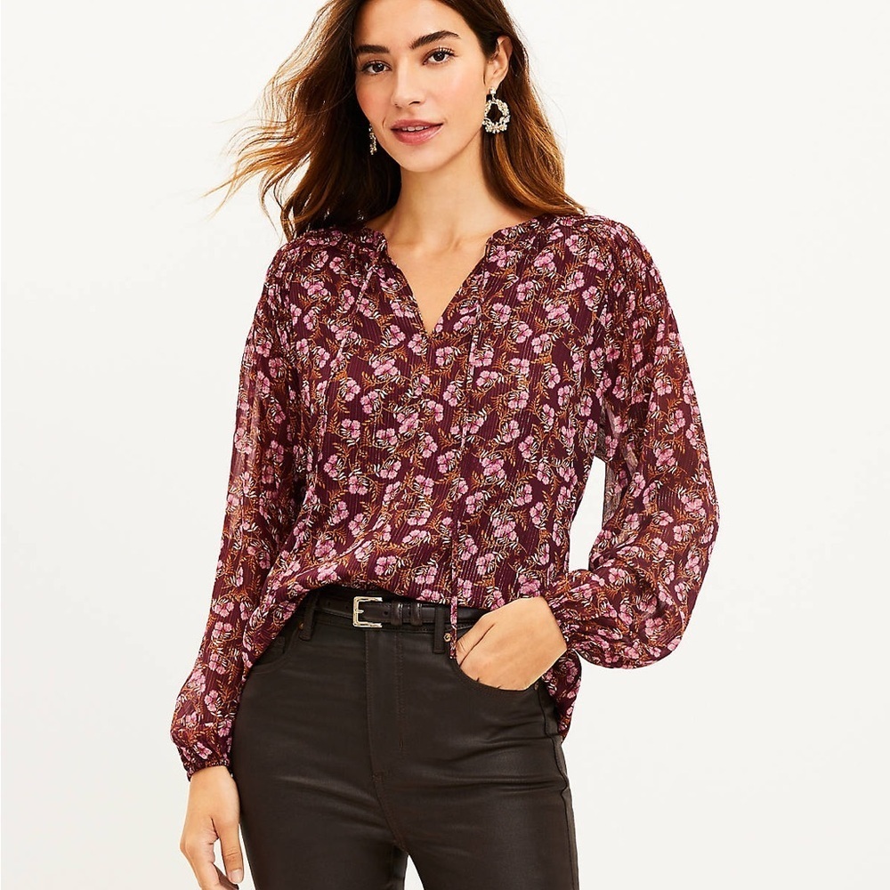 Ann Taylor Loft Shimmer Boho Smocked Tie Neck Burgundy Blouse NWT - Size Small